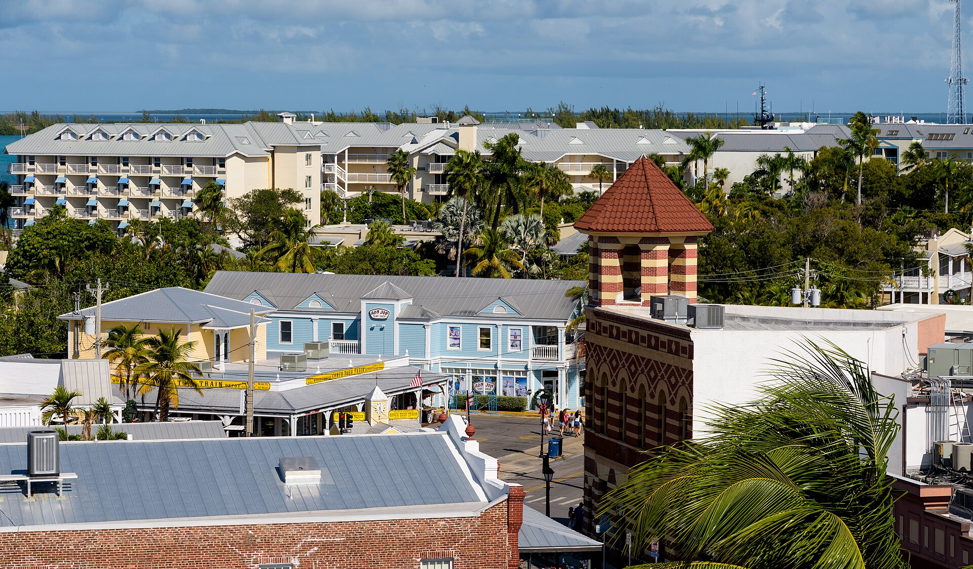 Buildings at Front and Duval Streets in Key West, photographed in 2025.