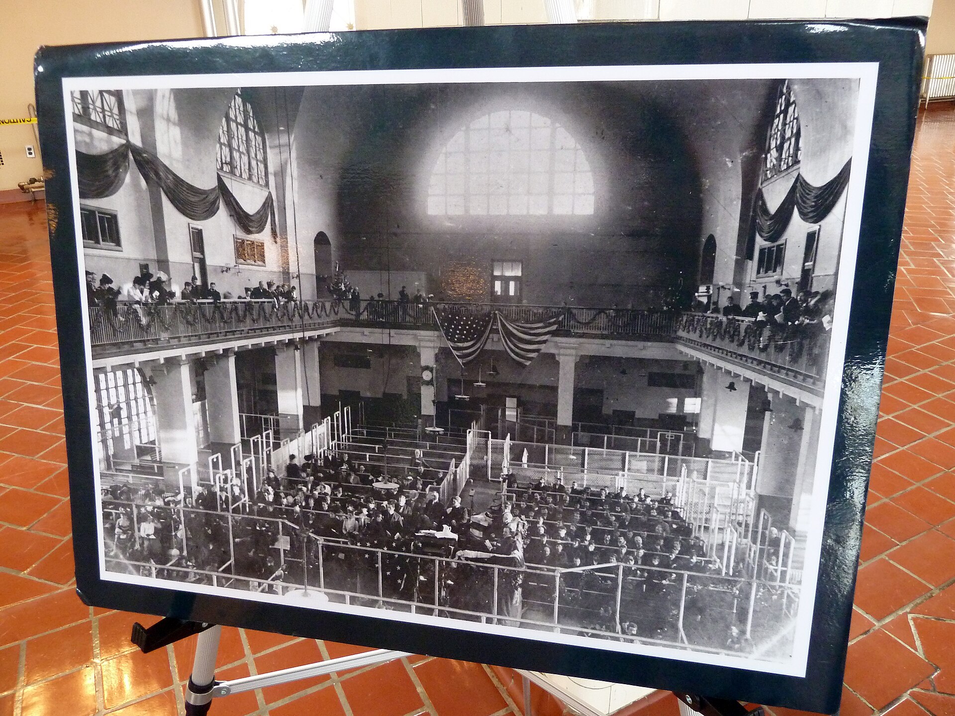 Historical imagery displayed at Ellis Island's Great Hall.